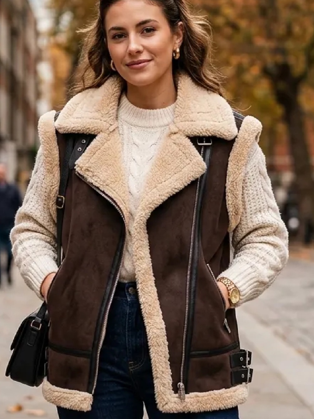 Women’s Faux NWT Shearling-Lined Brown Suede Vest Jacket by Elan